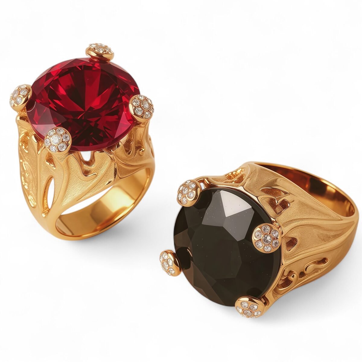 24K Gold-Plating Stainless Steel Luxury Red & Black Crystal Statement Women's Waterproof Ring丨K003078 - Image 1