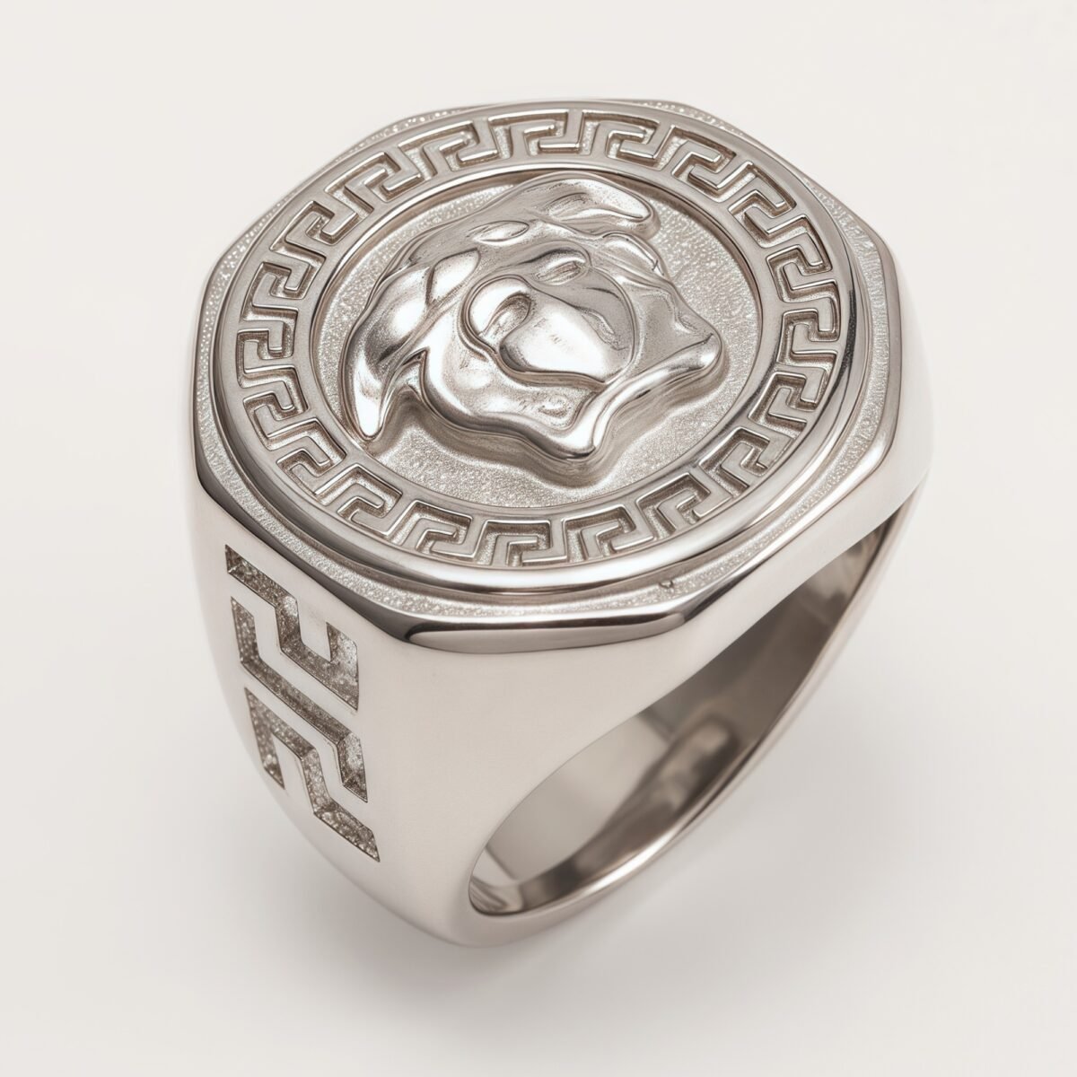 Versace - style Medusa Silver Ring, Classic Greek Key Relief Band | DZ249 - Image 1
