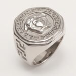 Versace - style Medusa Silver Ring, Classic Greek Key Relief Band | DZ249