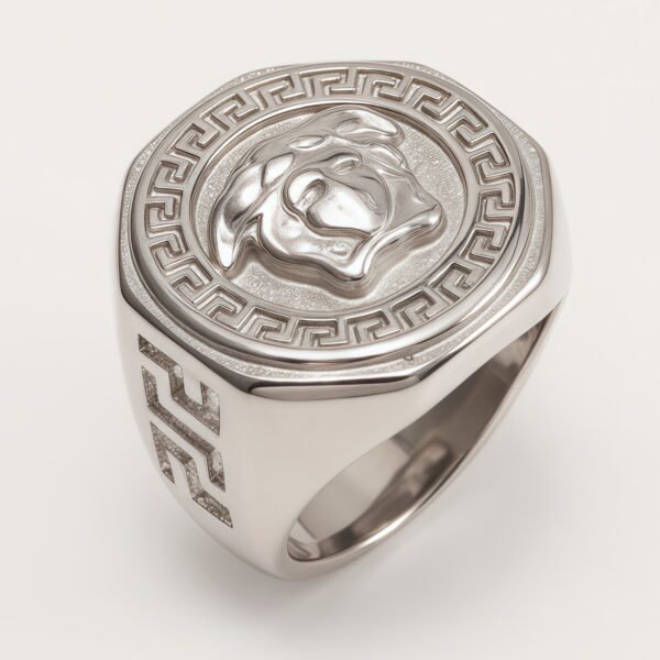 Versace - style Medusa Silver Ring, Classic Greek Key Relief Band | DZ249