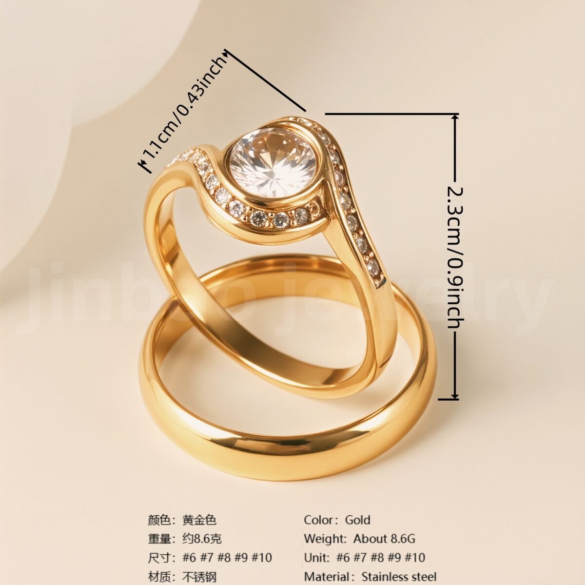 24K Gold-Plating Stainless Steel Luxury Crystal Wedding Waterproof Ring - Image 2