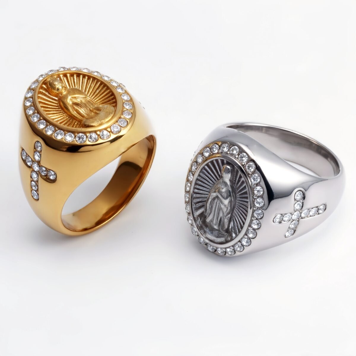 Stylish Men's Gold - and - Silver Stainless Steel Ring with Diamond - set Virgin Mary Image | G00613 - Image 1