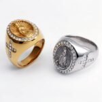 Stylish Men's Gold - and - Silver Stainless Steel Ring with Diamond - set Virgin Mary Image | G00613