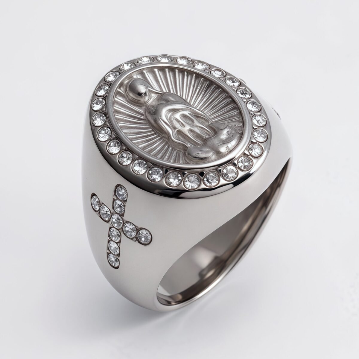 Stylish Men's Gold - and - Silver Stainless Steel Ring with Diamond - set Virgin Mary Image | G00613 - Image 4
