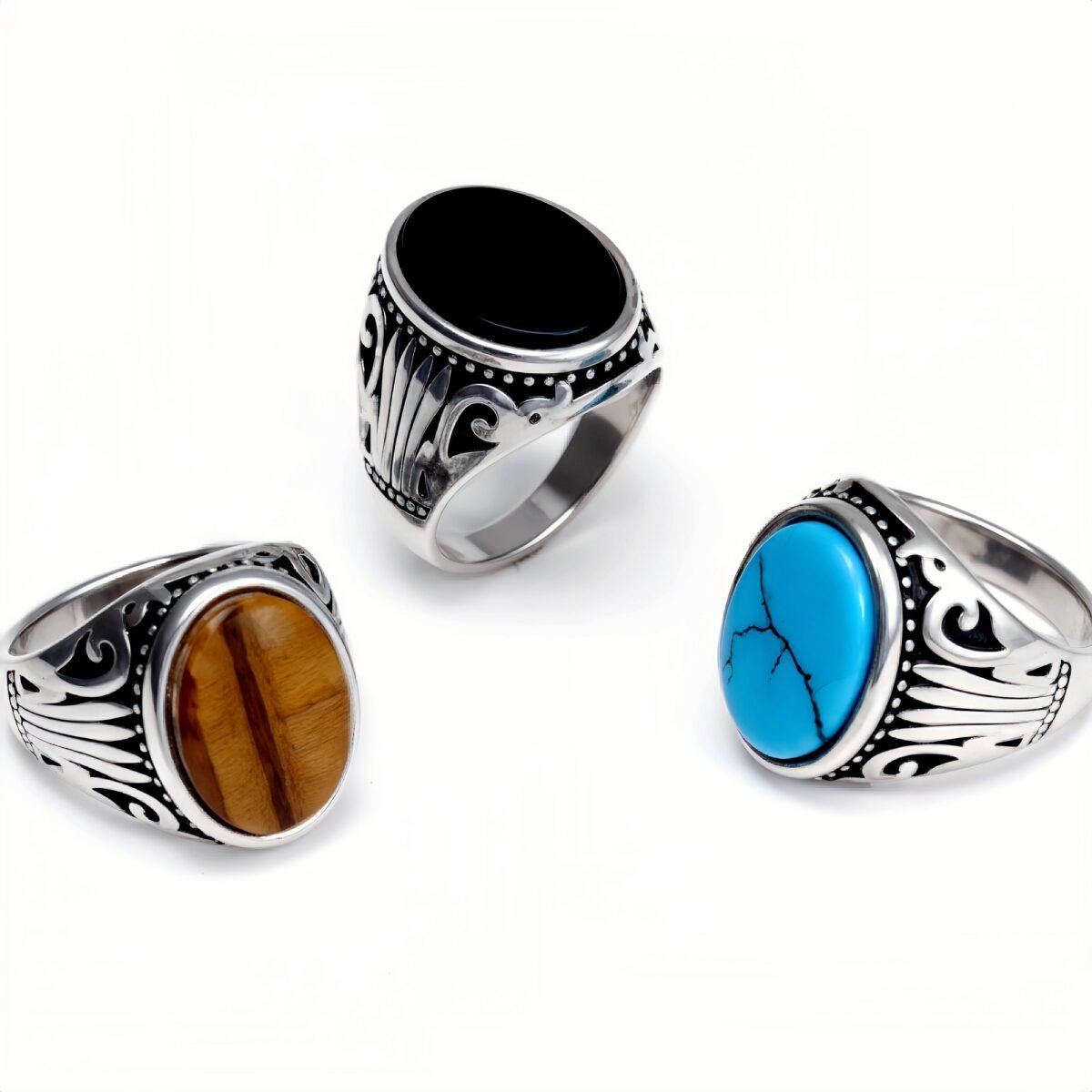 Silver - Inlaid Gemstone Carved Ring - Retro and Trendy Jewelry | K00680GH - Image 1
