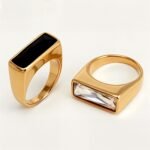 Gold - Inlaid Rectangular Gem Ring - Minimalist and Stylish Jewelry | K003723