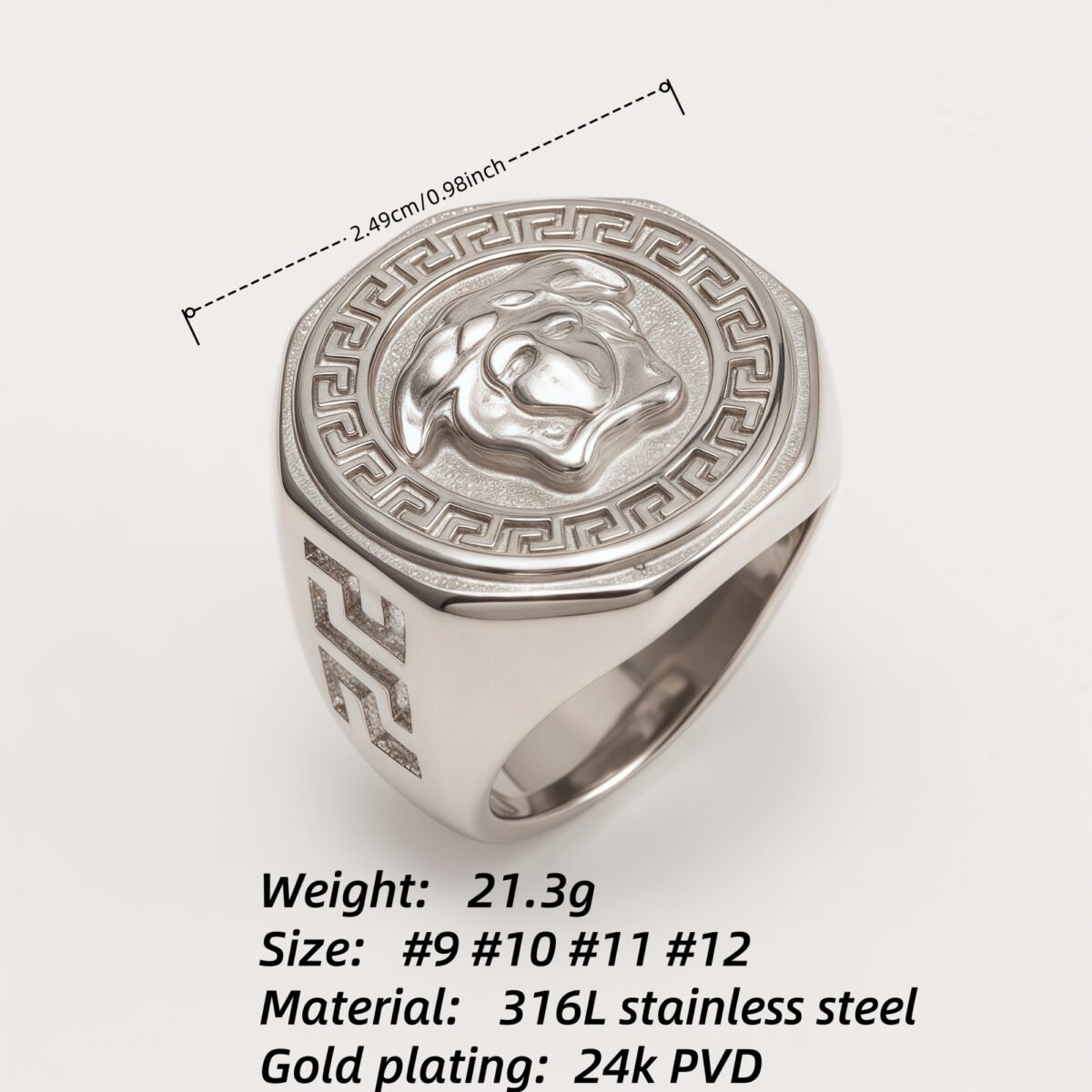 Versace - style Medusa Silver Ring, Classic Greek Key Relief Band | DZ249 - Image 4