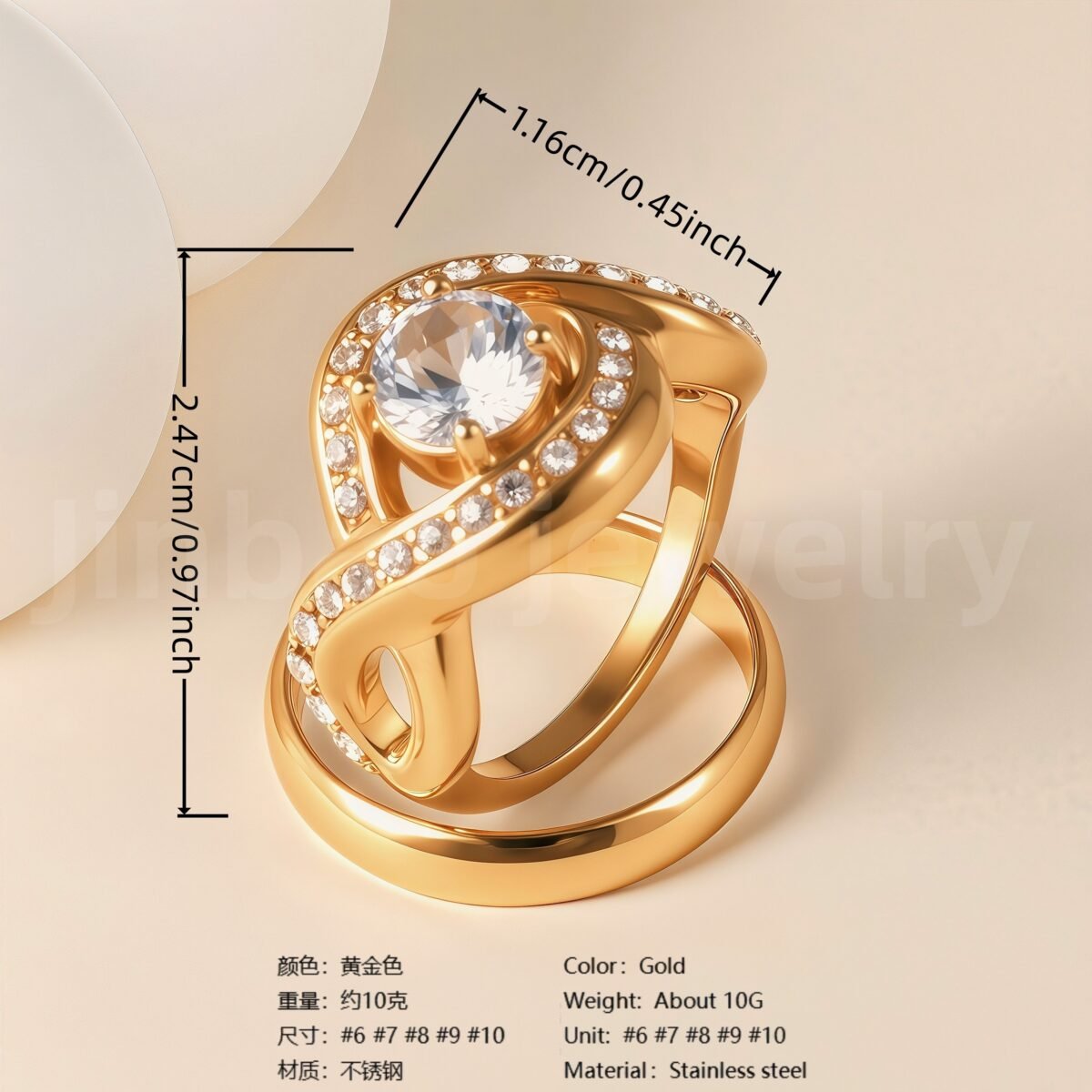 24K Gold-Plating Stainless Steel Luxury Crystal Wedding Waterproof Ring - Image 4