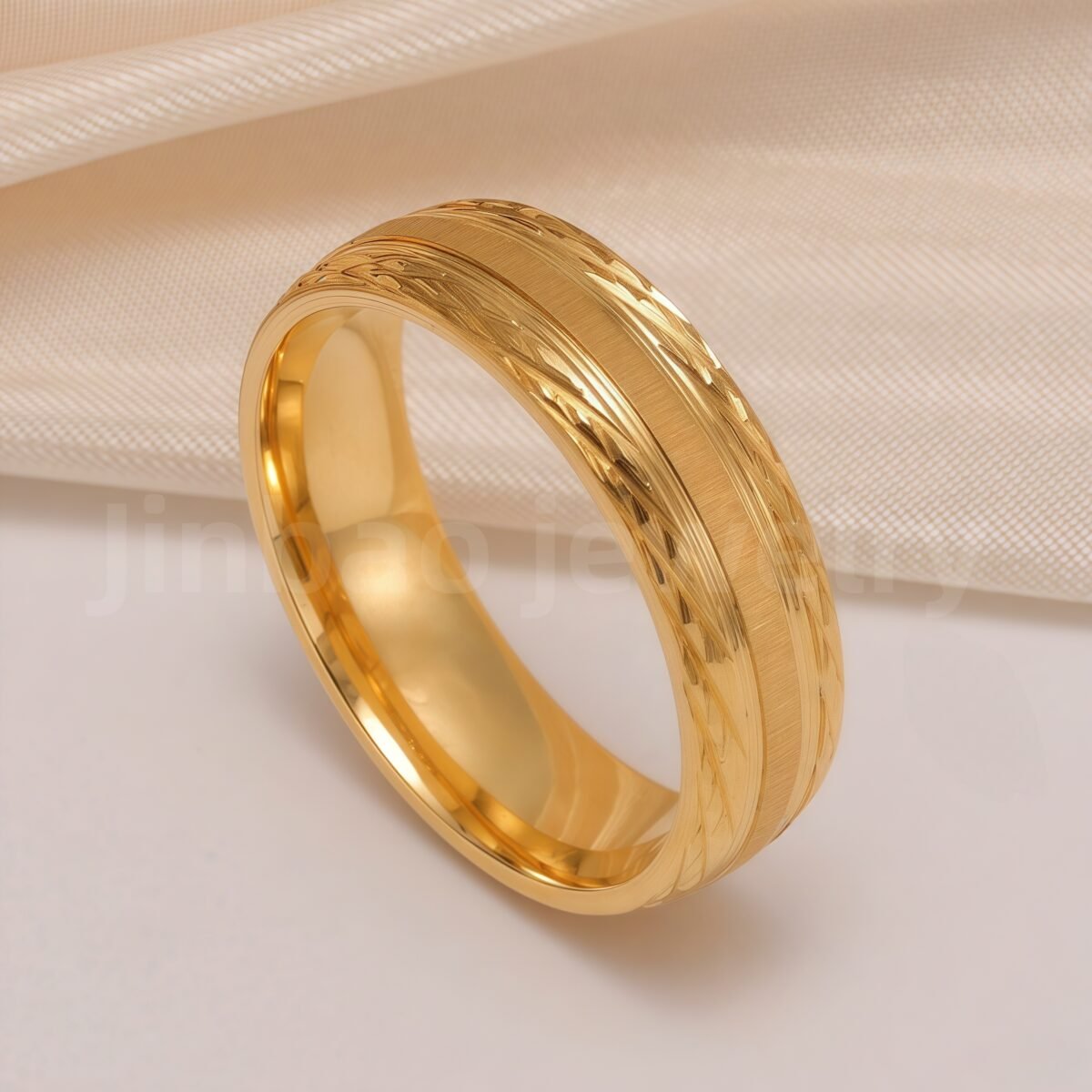 24K Gold-Plating Stainless Steel Minimalist Textured Trendy Men's Waterproof Ring  6MM - Image 9