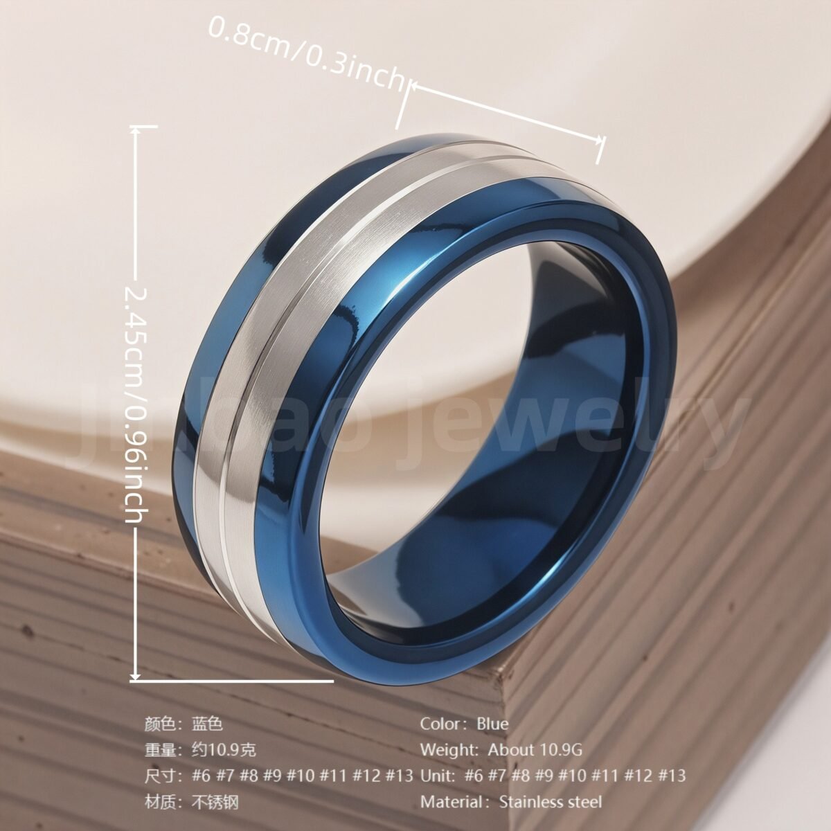 Stainless Steel Stylish Dual-tone Design Fashion Blue Men's Waterproof Ring - Image 4