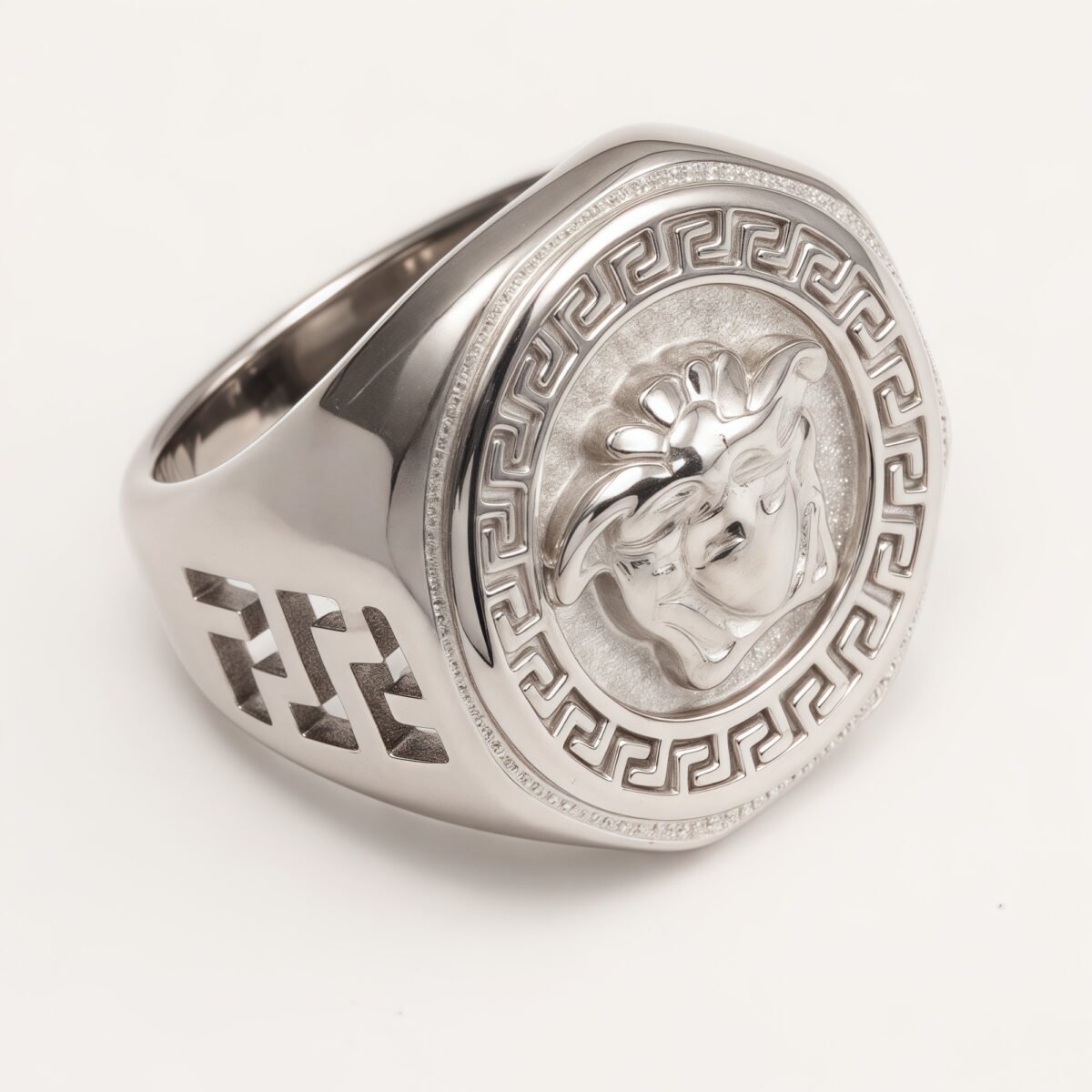Versace - style Medusa Silver Ring, Classic Greek Key Relief Band | DZ249 - Image 3