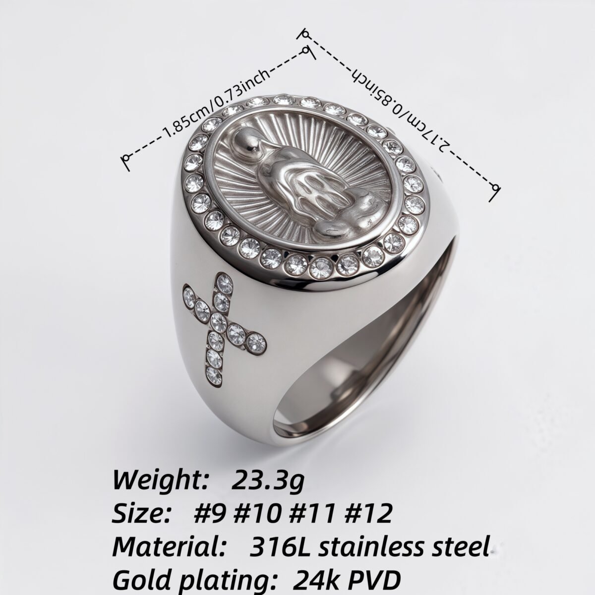 Stylish Men's Gold - and - Silver Stainless Steel Ring with Diamond - set Virgin Mary Image | G00613 - Image 6