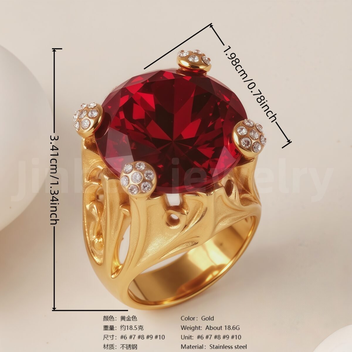 24K Gold-Plating Stainless Steel Luxury Red & Black Crystal Statement Women's Waterproof Ring丨K003078 - Image 3