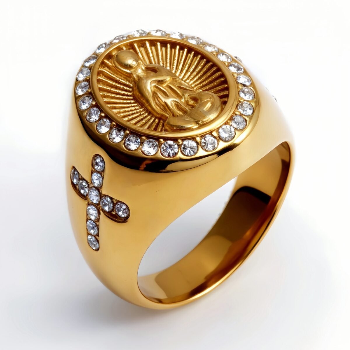 Stylish Men's Gold - and - Silver Stainless Steel Ring with Diamond - set Virgin Mary Image | G00613 - Image 2