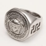 Versace - style Medusa Silver Ring, Classic Greek Key Relief Band | DZ249 - Image 2