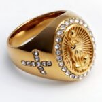 Stylish Men's Gold - and - Silver Stainless Steel Ring with Diamond - set Virgin Mary Image | G00613 - Image 3