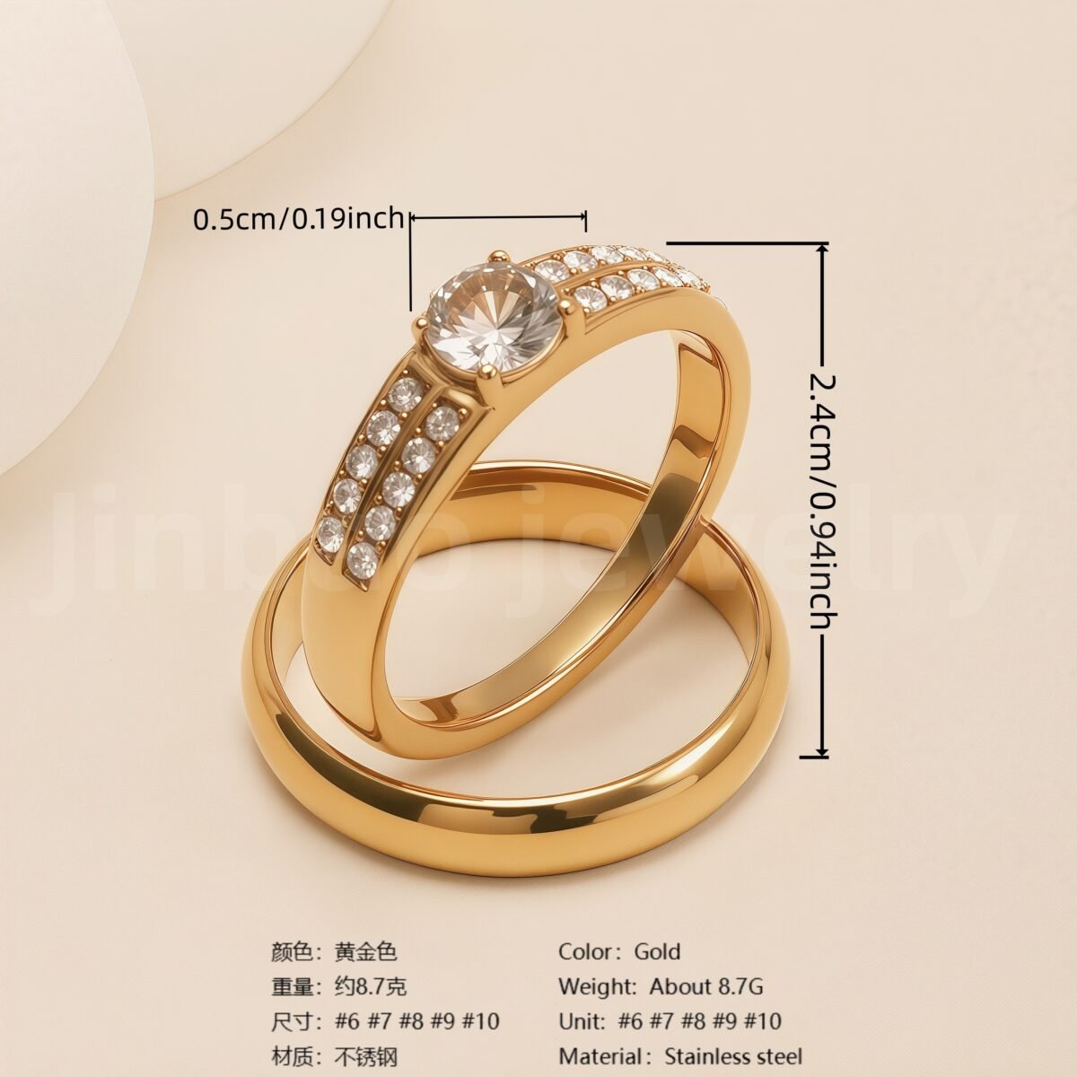 24K Gold-Plating Stainless Steel Luxury Crystal Wedding Waterproof Ring - Image 8