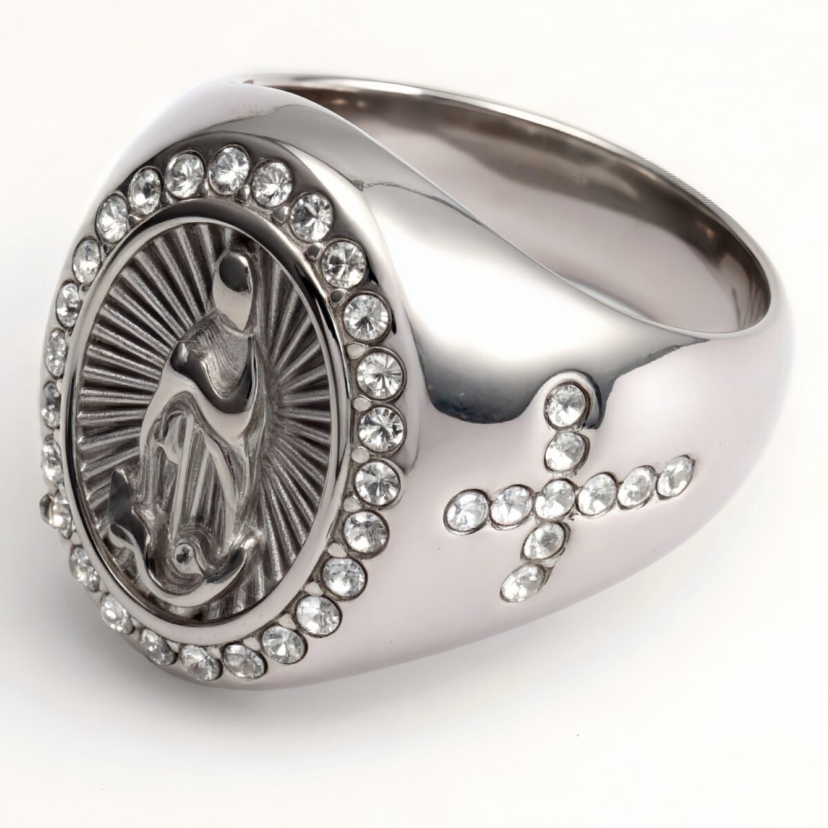 Stylish Men's Gold - and - Silver Stainless Steel Ring with Diamond - set Virgin Mary Image | G00613 - Image 5