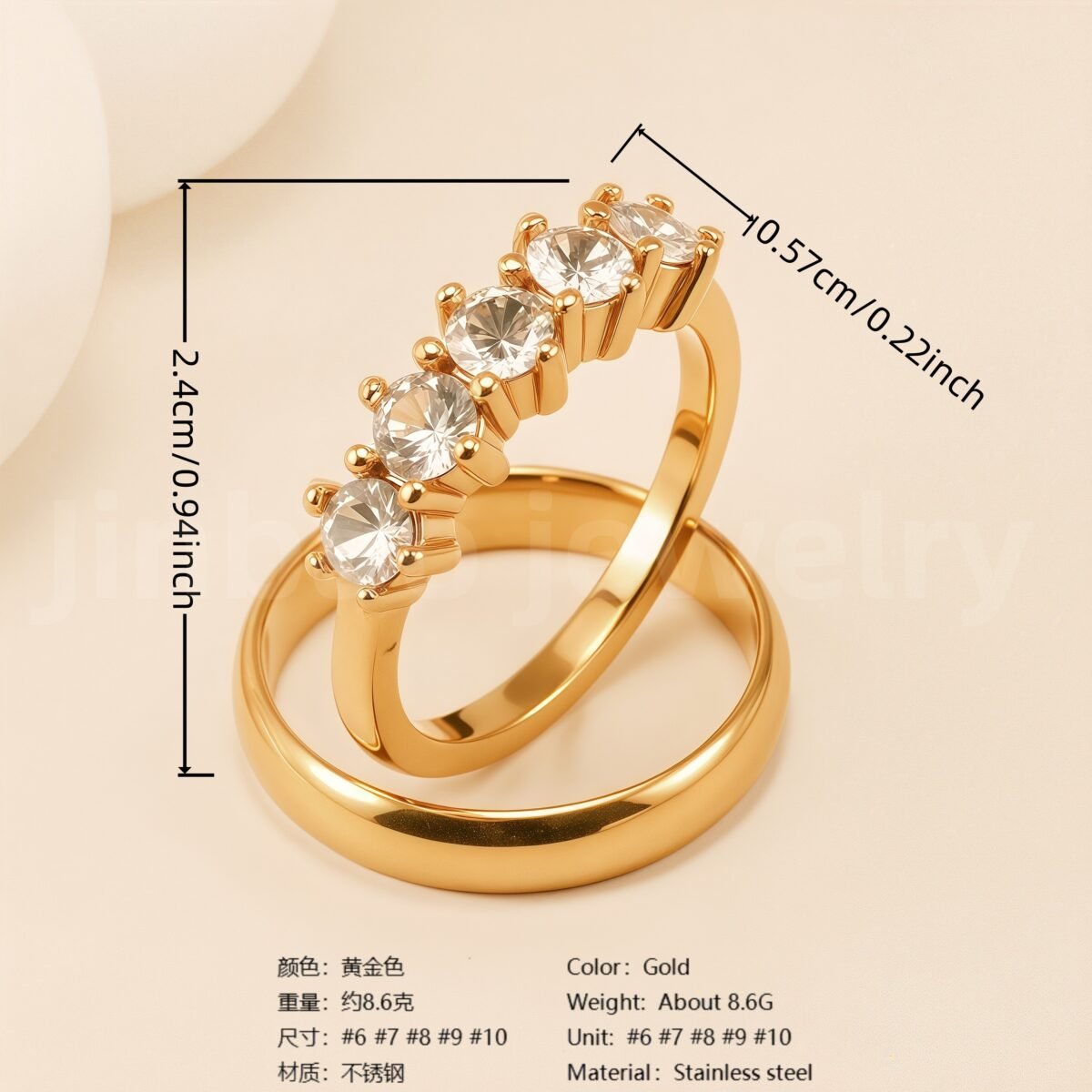 24K Gold-Plating Stainless Steel Luxury Crystal Wedding Waterproof Ring - Image 14