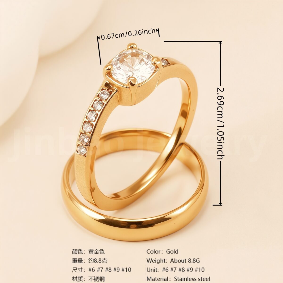 24K Gold-Plating Stainless Steel Luxury Crystal Wedding Waterproof Ring - Image 12