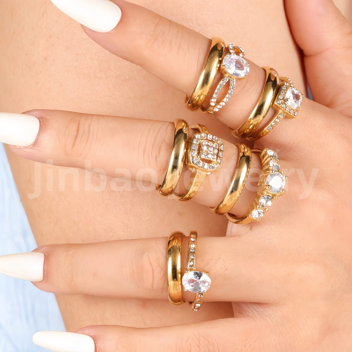 3 pc His & Her Gleaming Elegance Wedding Ring Set Hypoallergenic 24k Gold, Cubic Zirconia, Size 6-10 - Image 1