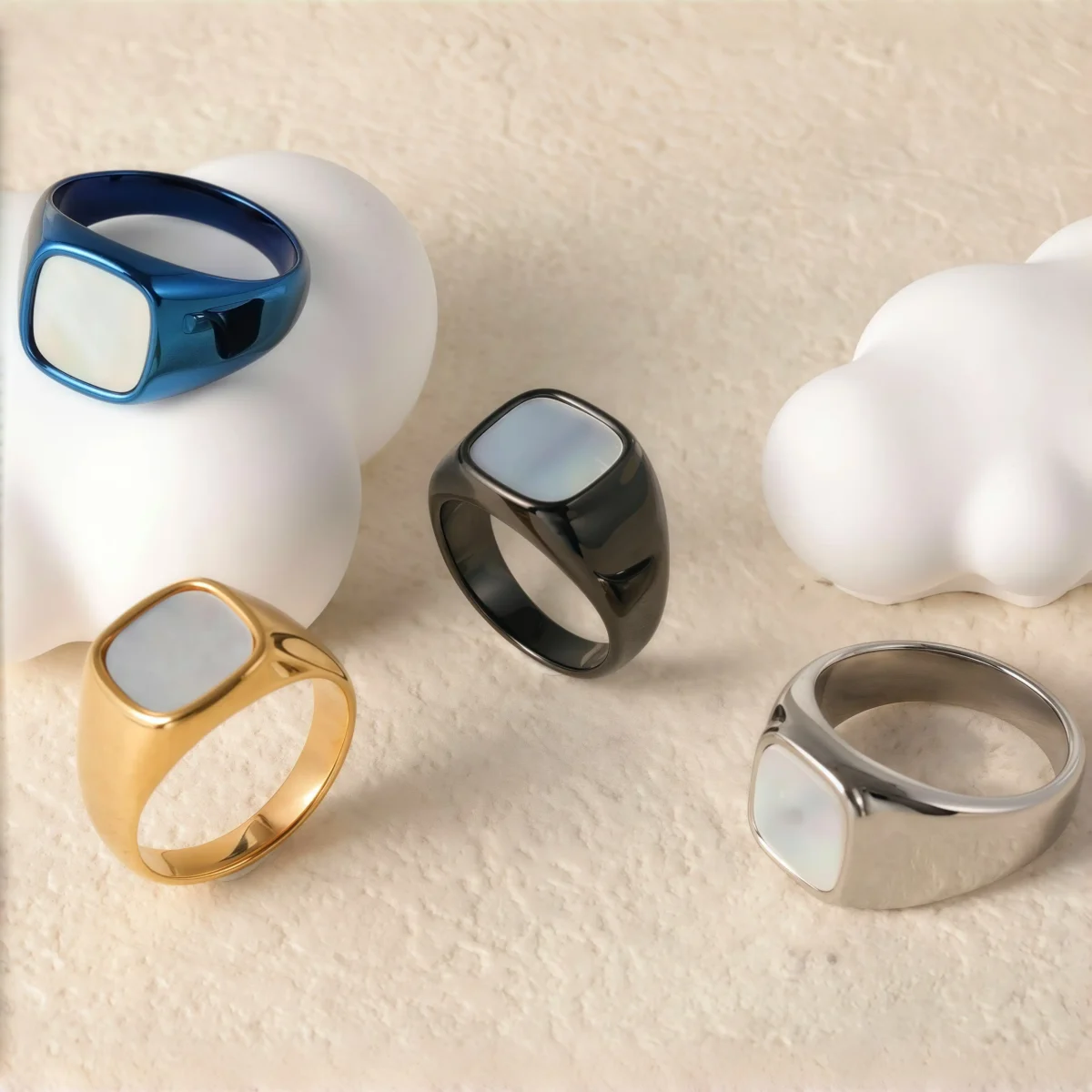 24K Gold PVD Stainless Steel Titanium Minimalist Mother of Pearl Signet Men's Ring - Image 1