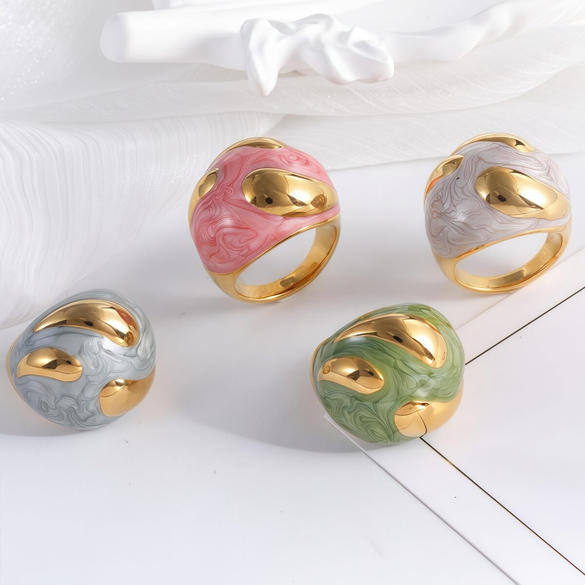 Colorful Marbled Resin Stainless Steel Ring with Gold Detail for Women | G004486 - Image 1