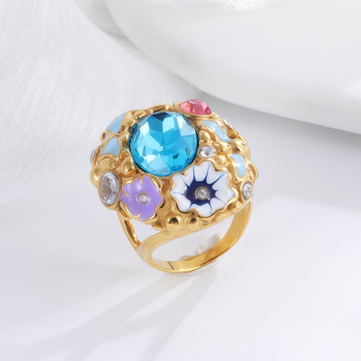 Colorful Gemstone Stainless Steel Ring with Floral Design Classic Fashion for Women | G004476 - Image 6