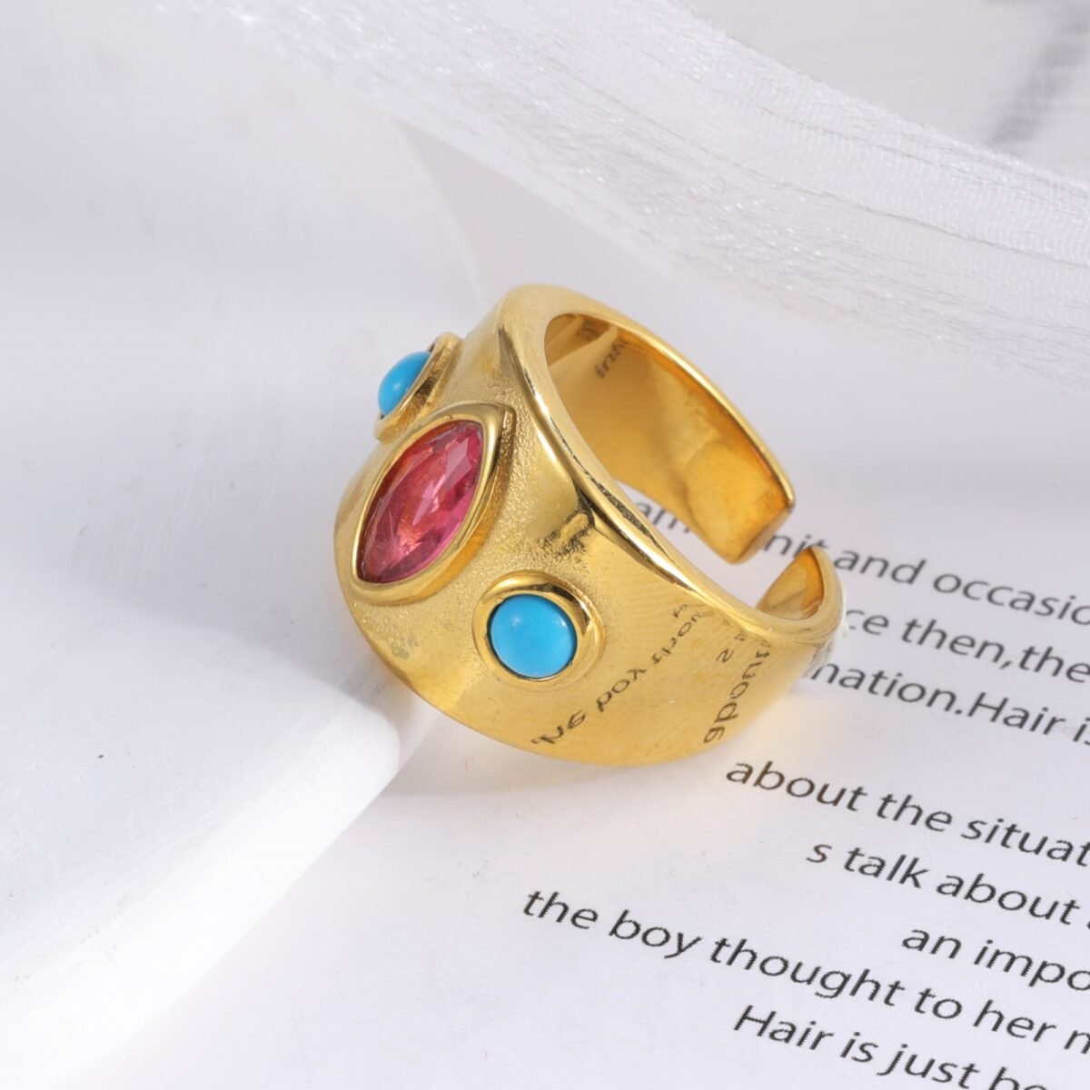 24K Gold-Plated Gem-Set Stainless Steel Unisex Waterproof Ring With Open Opening丨G003334 - Image 3