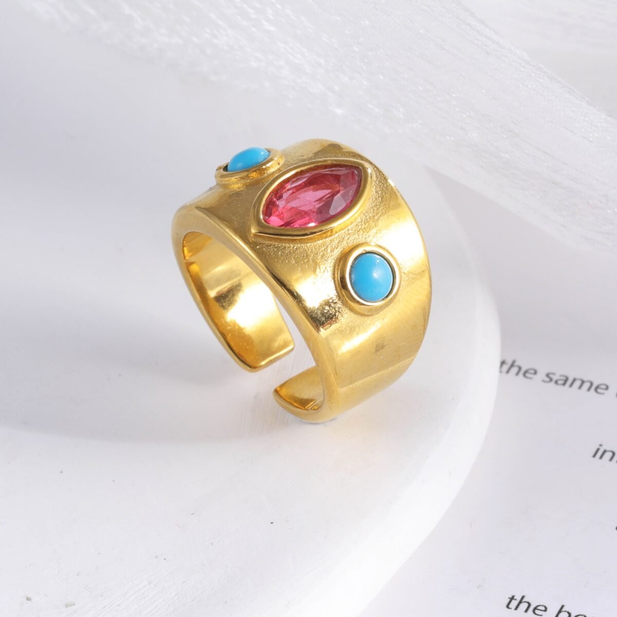 24K Gold-Plated Gem-Set Stainless Steel Unisex Waterproof Ring With Open Opening丨G003334 - Image 4