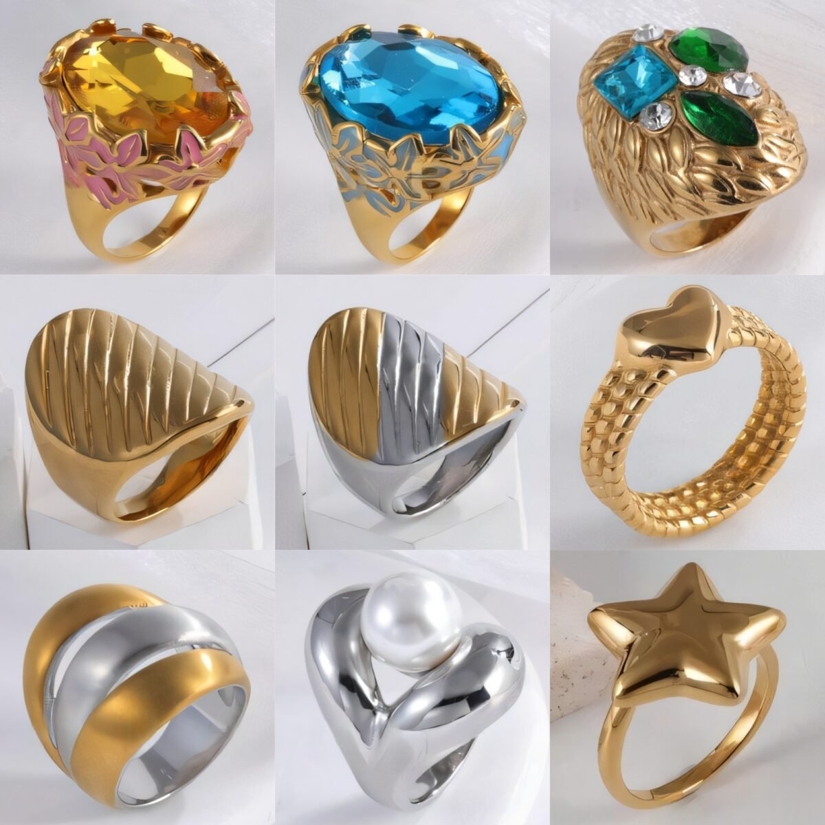 24K Gold Plated Stainless Steel Rings with Artificial Gemstones & Pearls - Image 1