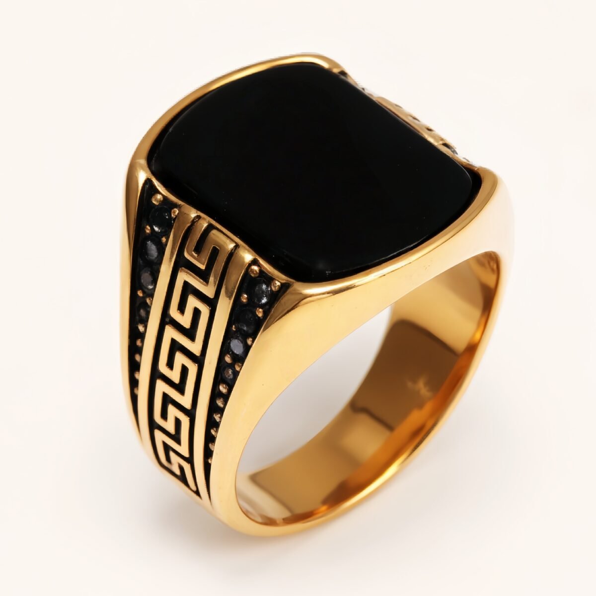 Gold - Plated Black Gem Ring with Greek Key Pattern - Retro and Stylish Jewelry | K00939JH - Image 1