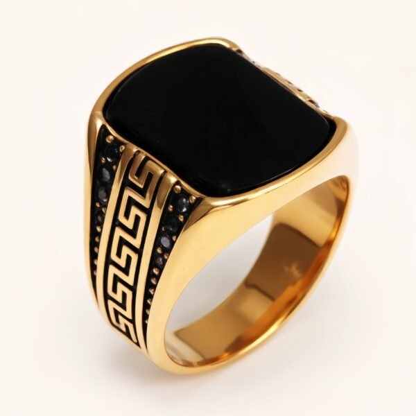 Gold - Plated Black Gem Ring with Greek Key Pattern - Retro and Stylish Jewelry | K00939JH