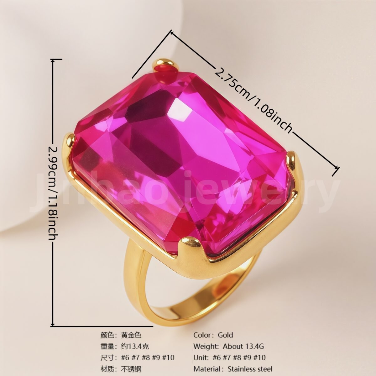 24-K Gold-Plated Stainless Steel Women's Waterproof Ring Set With Square Gems丨K002810 - Image 8