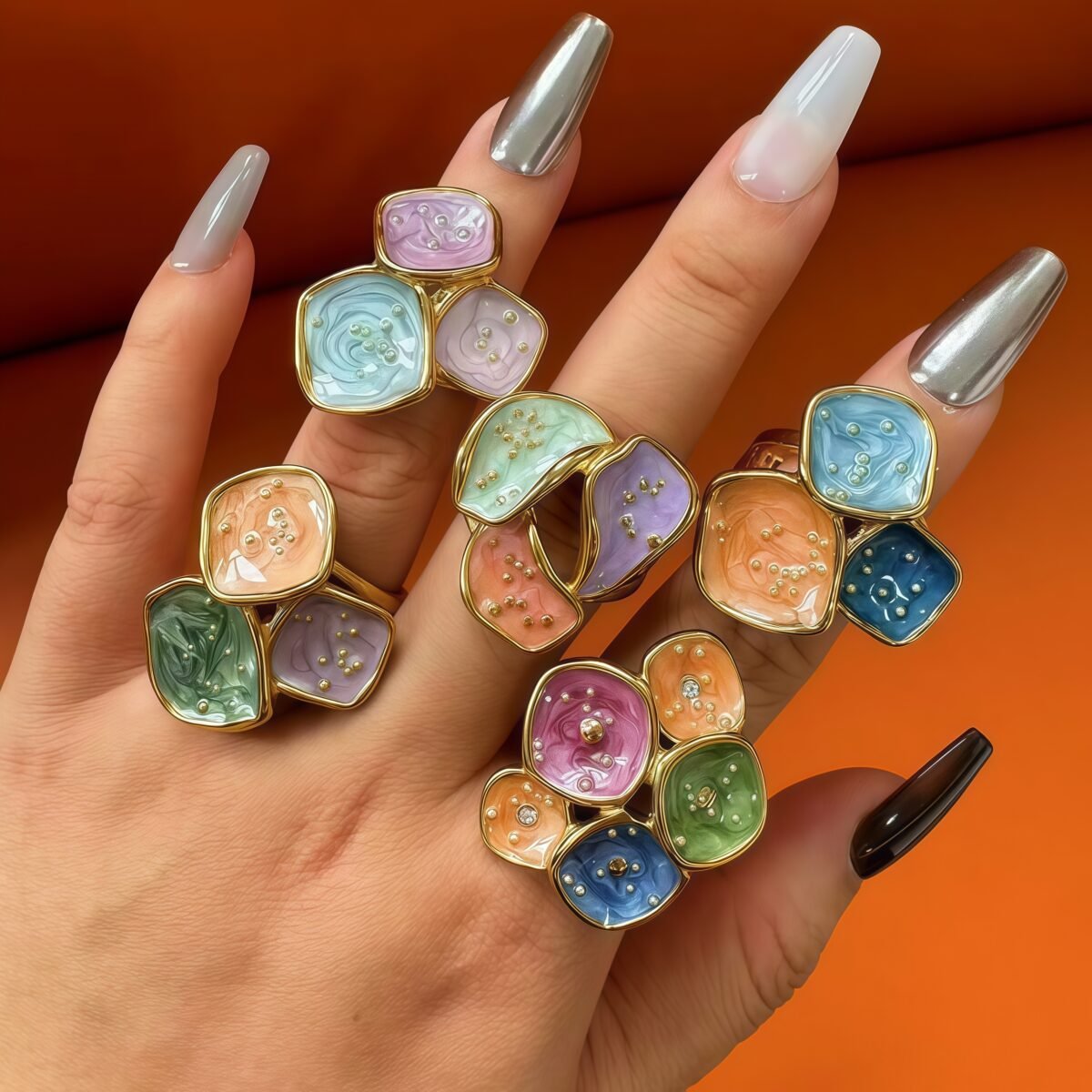 24K Gold PVD Stainless Steel Titanium Colorful Flower Women's Ring - Image 1
