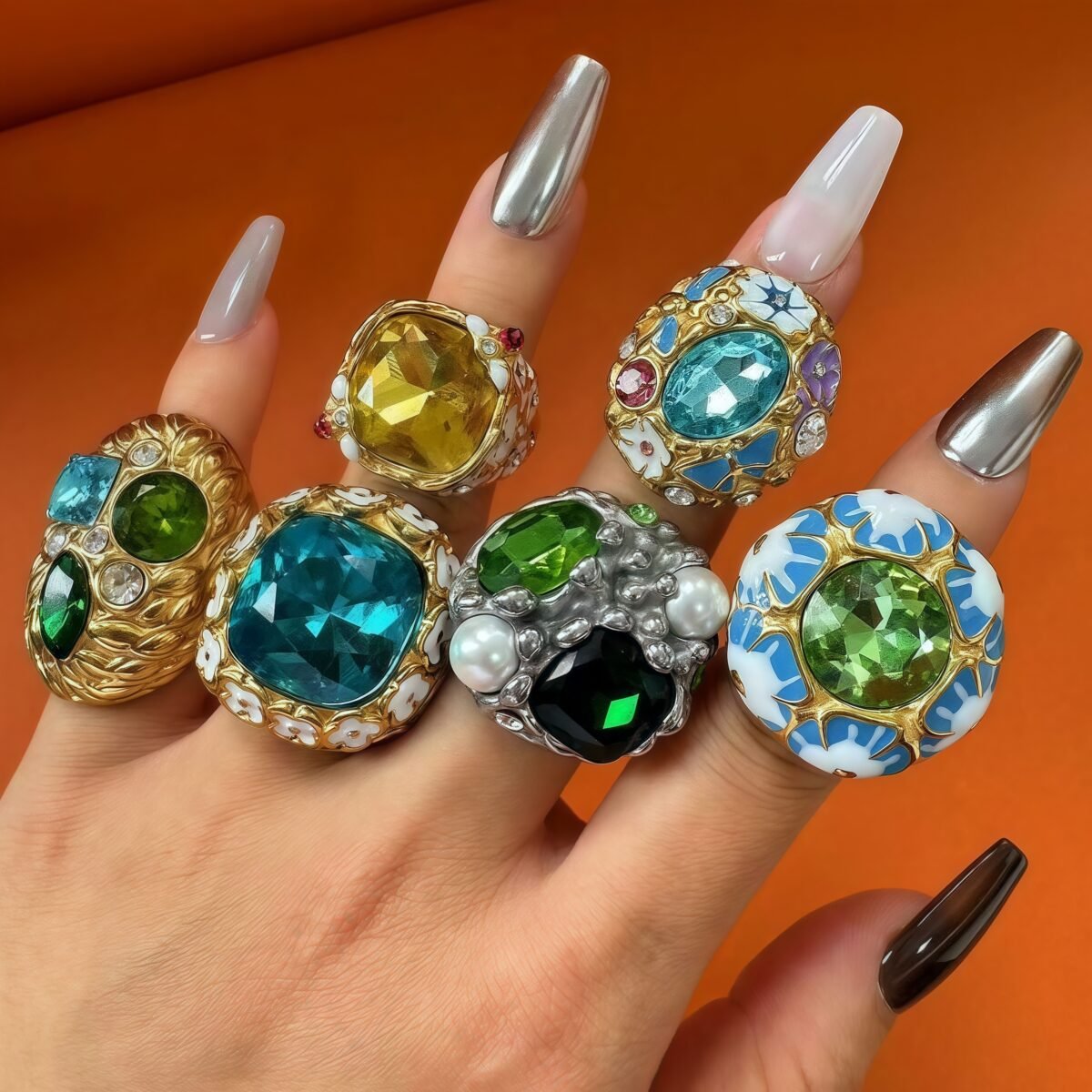 24K Gold PVD Stainless Steel Titanium Gemstone Floral Women's Ring - Image 1