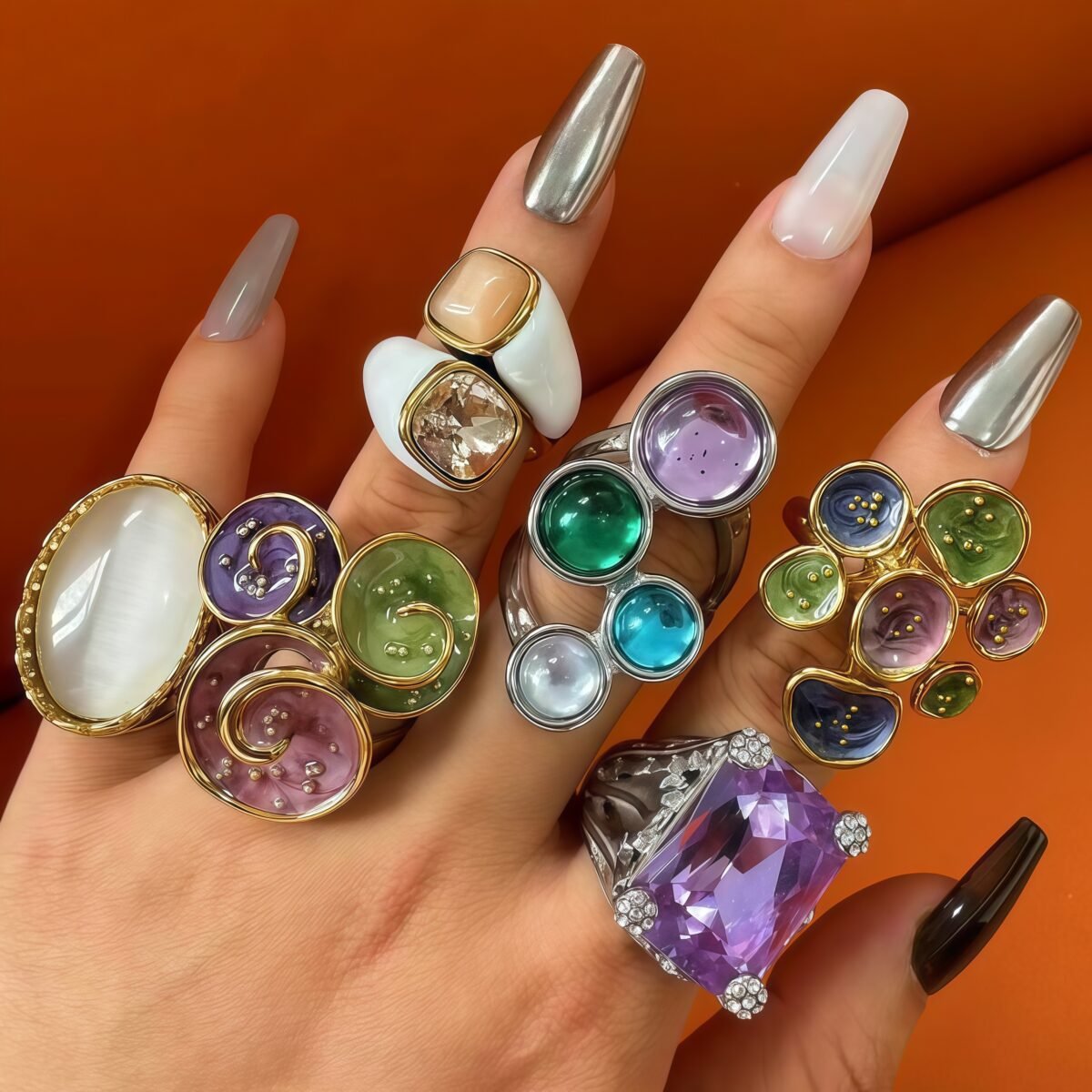 24K Gold PVD Stainless Steel Titanium Elegant Multi-Color Gemstone Women's Ring - Image 1