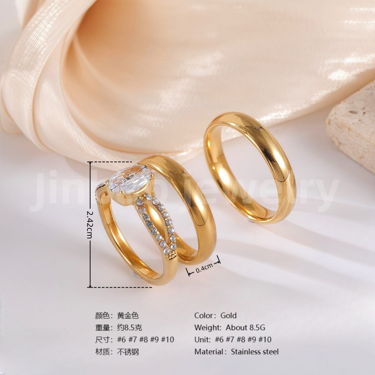3 pc His & Her Gleaming Elegance Wedding Ring Set Hypoallergenic 24k Gold, Cubic Zirconia, Size 6-10 - Image 4