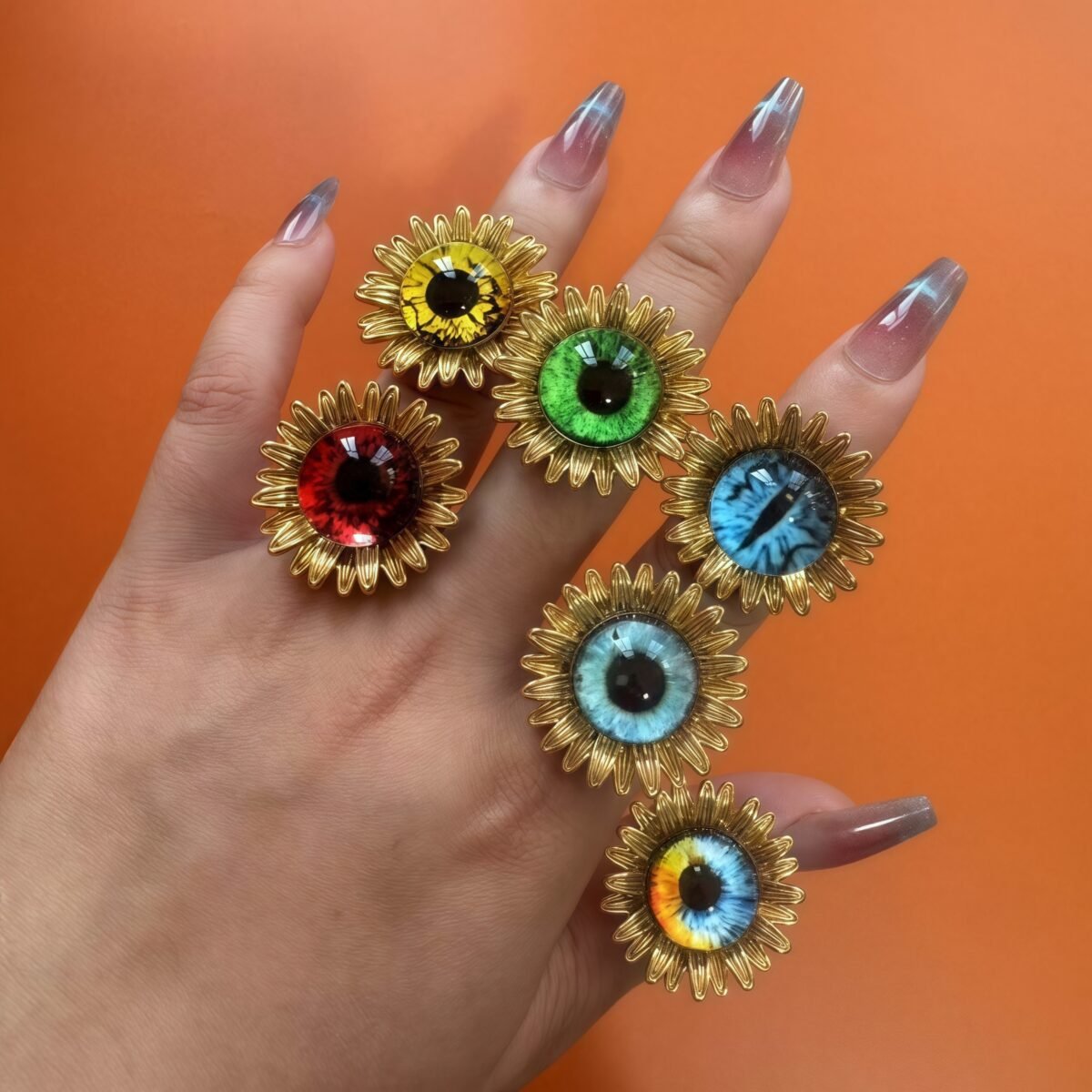 24K Gold-Plating Stainless Steel Colorful Eye Sunflower Trendy Women's Waterproof Ring - Image 2
