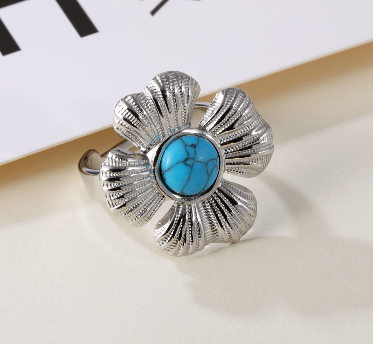 Vintage Flower Design Pearl Natural Stone Embellished Stainless Steel Adjustable Women's Ring | G005542 - Image 6