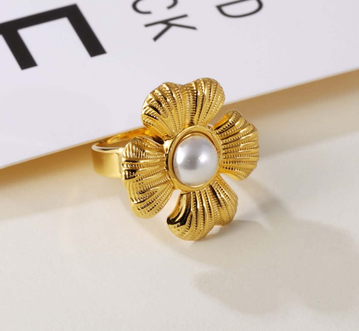 Vintage Flower Design Pearl Natural Stone Embellished Stainless Steel Adjustable Women's Ring | G005542 - Image 3