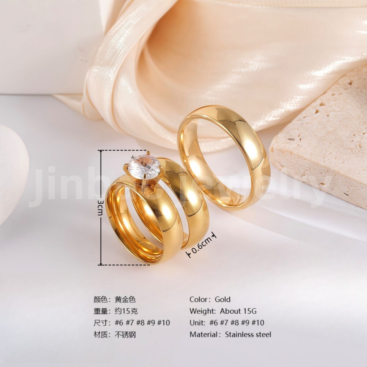3 pc His & Her Wedding Ring Set Hypoallergenic 24k Gold, Cubic Zirconia, Size 6-10 - Image 3