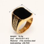 Gold - Plated Black Gem Ring with Greek Key Pattern - Retro and Stylish Jewelry | K00939JH - Image 4