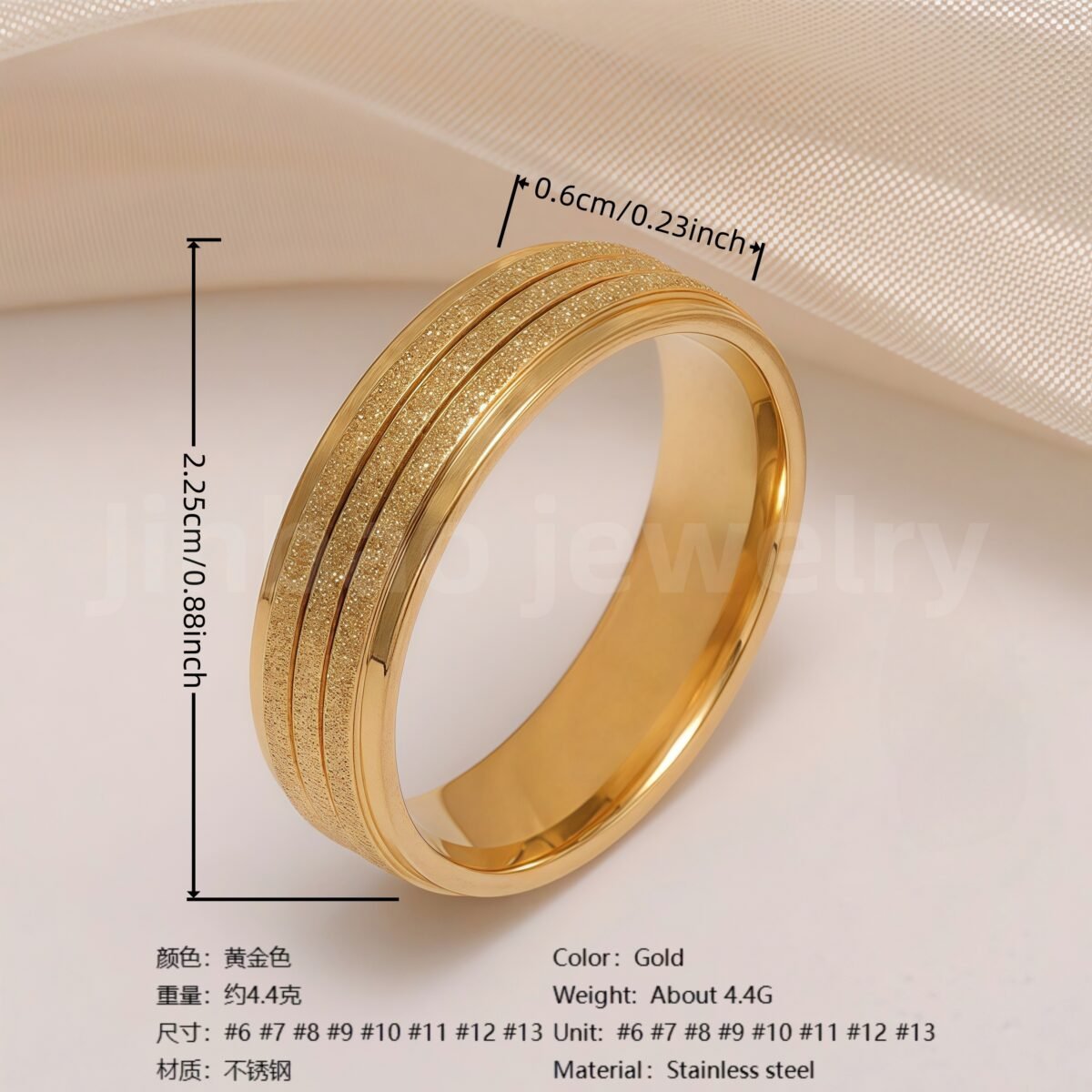 24K Gold-Plating Stainless Steel Minimalist Textured Trendy Men's Waterproof Ring  6MM - Image 10