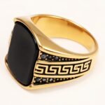 Gold - Plated Black Gem Ring with Greek Key Pattern - Retro and Stylish Jewelry | K00939JH - Image 3