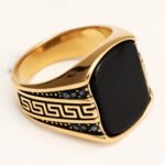 Gold - Plated Black Gem Ring with Greek Key Pattern - Retro and Stylish Jewelry | K00939JH - Image 2