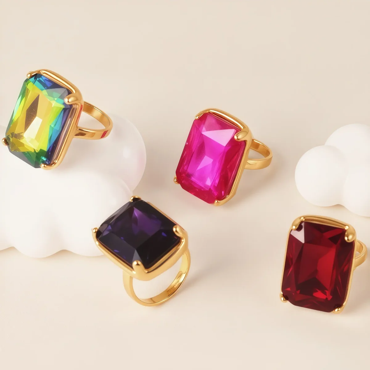 24-K Gold-Plated Stainless Steel Women's Waterproof Ring Set With Square Gems丨K002810 - Image 1