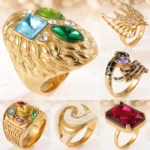 Vintage Multi-Gemstone Textured 24K Gold PVD Stainless Steel Titanium Women's Ring - Image 2