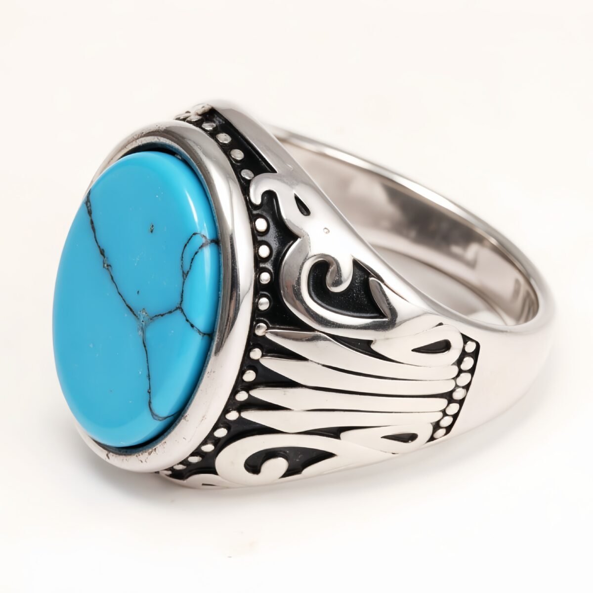 Silver - Inlaid Gemstone Carved Ring - Retro and Trendy Jewelry | K00680GH - Image 4
