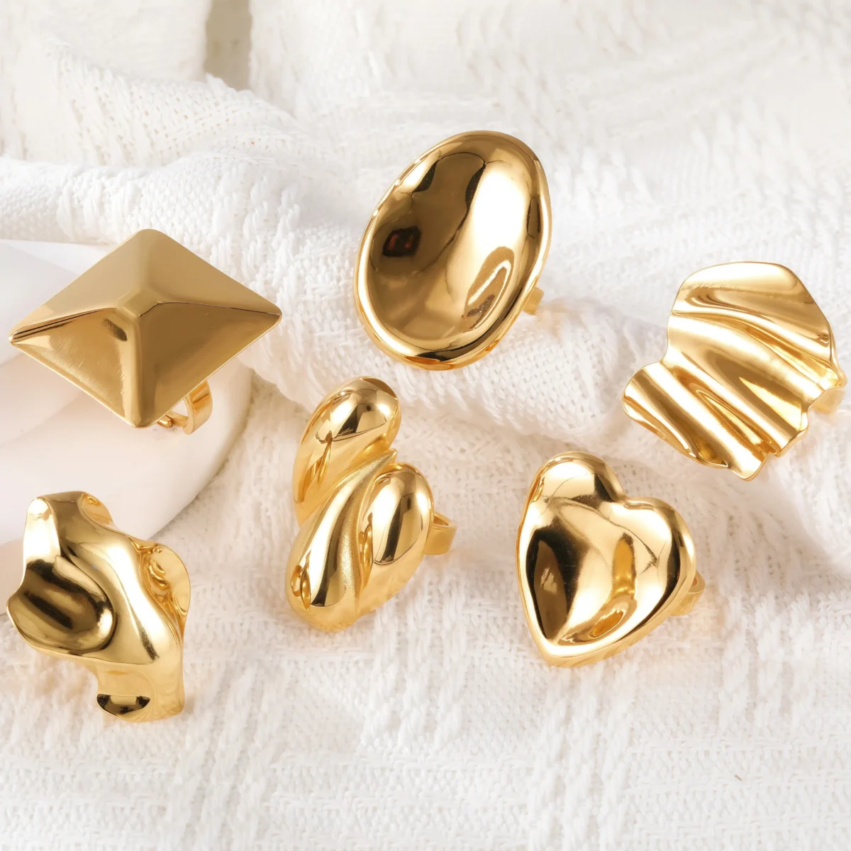 24K Gold-Plating Geometric Pleated Adjustable Design Trendy Women's Waterproof Ring - Image 1